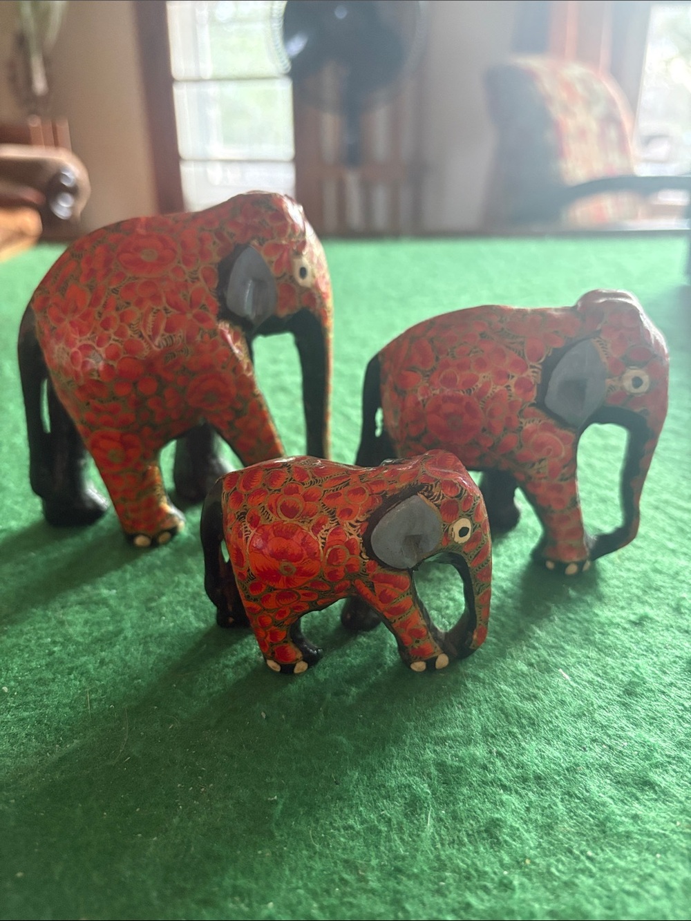 Kashmiri Hand-Painted Papier Mache Red Floral Elephant Figurine Trio